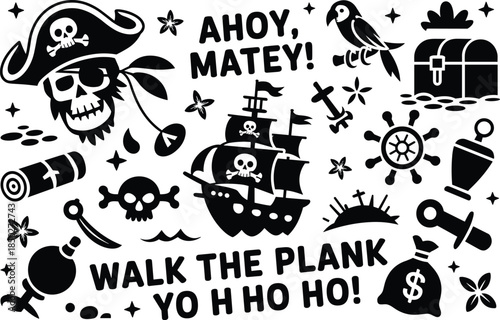 Pirate icon set skull ship treasure typography nautical vector illustration black white cartoon design