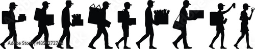 Delivery worker silhouettes set courier carrying packages logistics service isolated black vector illustration collection