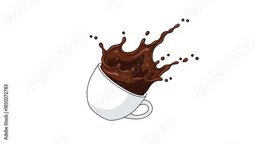 White coffee cup overturned, vigorously spilling and splashing rich dark brown liquid, creating a dynamic and energetic visual effect.