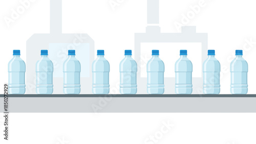 Uniform line of clear plastic water bottles moving along a conveyor belt in an automated factory setting, representing industrial production.