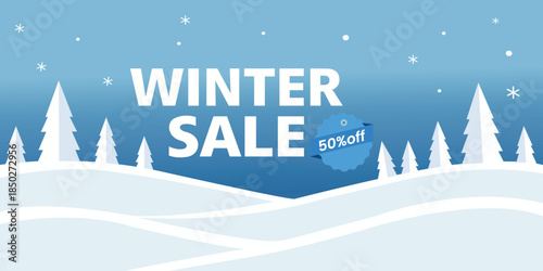 Winter sale vector banner with 50% off blue discount badge and white trees on snowy hills. Seasonal holiday promotion background for retail marketing, web ads, and promotional store flyers.