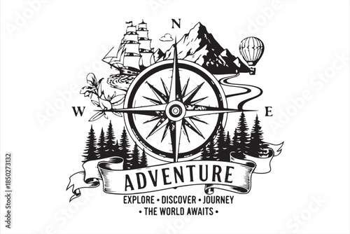 Vintage compass illustration with mountains ship balloon and adventure typography