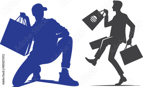 Silhouette of crouching person holding shopping bag, ideal for urban style, fashion, consumerism, and lifestyle themes