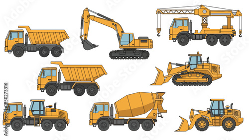 Comprehensive collection of various heavy construction vehicles, including dump trucks, excavators, cranes, bulldozers, loaders, and cement mixers.