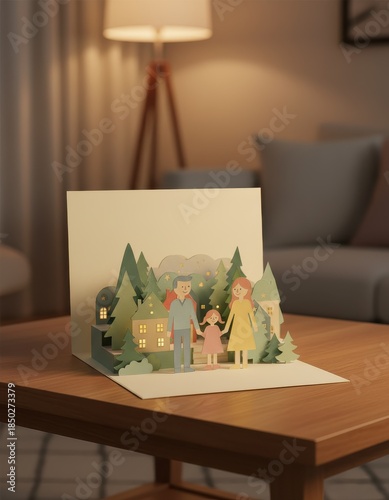 Charming Paper Craft Family Scene with Trees and Soft Lighting in Cozy Living Room Setting
