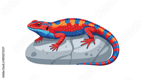 Beautifully patterned red, blue, and yellow lizard resting calmly on a grey rock, highlighting its intricate and vivid scales.