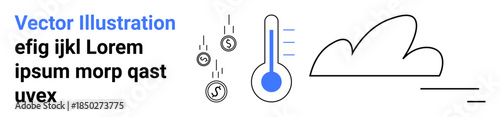 Weather forecasting, climate change, financial challenges, economic impact, environmental studies, temperature patterns. Thermometer, cloud and coins falling. Climate change and financial challenges
