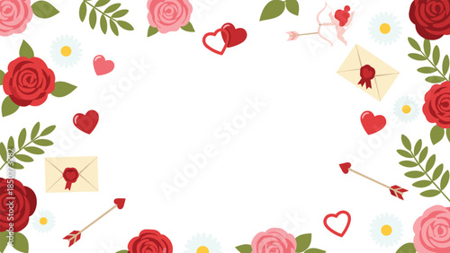 Beautiful romantic frame background adorned with red and pink roses, hearts, Cupid's arrows, love letters, and delicate daisies.
