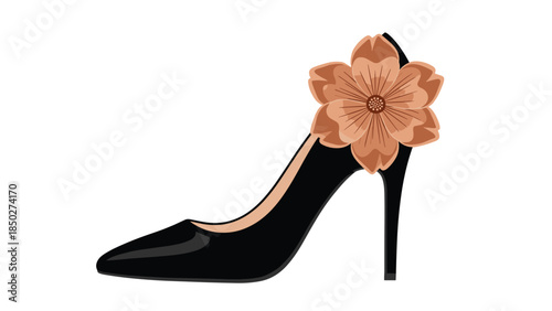 Elegant black high-heeled shoe adorned with a prominent brown flower, showcasing sophisticated style and feminine charm.