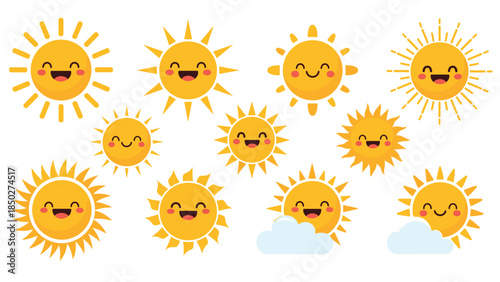 Charming collection of various cute and happy sun icons, some peeking out from behind fluffy white clouds, radiating cheerfulness.