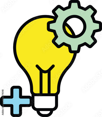 Creative ideas concept with gear and plus sign around brain lightbulb vector graphic