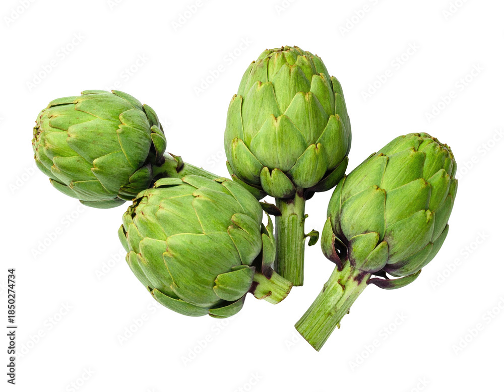 Fototapeta premium Four fresh, green artichokes arranged, presented against a stark black background