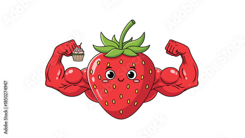 Adorably strong cartoon strawberry character flexing its muscular arms while holding a tiny cupcake, humorously illustrating healthy eating versus indulging in sweet treats.