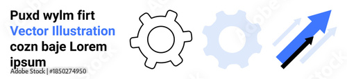 Technology, business progress, innovation, development, automation, engineering. Two gear icons and upward arrows concepts of growth and mechanics. Technology and business progress visualization