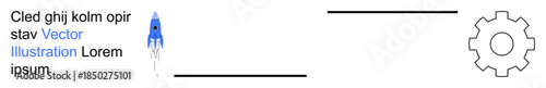 Innovation, technology, startup growth, mechanics, engineering, development processes. Blue rocket launching and a gear symbol. Innovation and technology concept visually