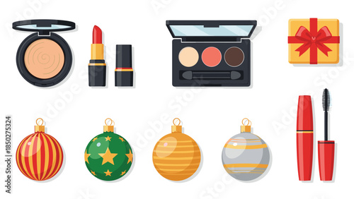 Collection of festive Christmas-themed makeup products including eyeshadow palettes, lipsticks, and mascara, alongside colorful holiday ornaments, perfect for seasonal beauty content.