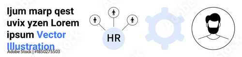 Human resources, recruitment, workforce management, professional development, organizational growth, team collaboration. HR icon with growth arrows, gear and profile illustration. Recruitment