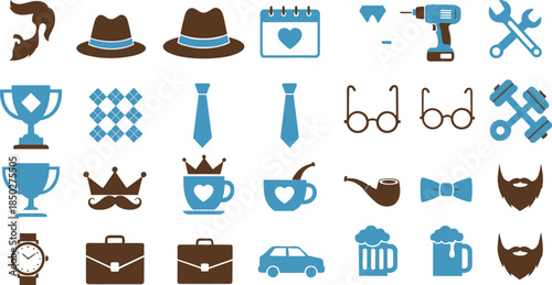 Modern flat vector icon set for Father's Day and men's lifestyle featuring beards fedora hats neckties tools and business accessories for greeting cards and masculine branding