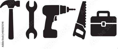 Collection of black silhouette icons representing essential construction and repair tools including a hammer wrench drill saw and toolbox for maintenance concepts
