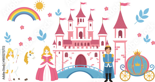Magical fairytale vector illustration set featuring pink princess castle royal prince fairy and golden carriage for children storybook design and fantasy party invitations