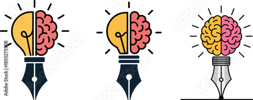 Creative process with brain lightbulb and pen nib combining idea and writing for creative writing