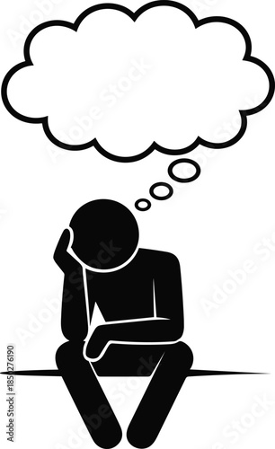 Creative Stick Figure Sitting and Thinking with Thought Bubble Above its Head with Brain Concept