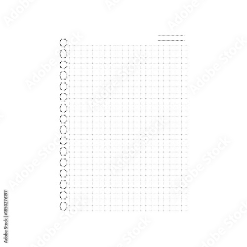 Minimal halftone dotted notebook page with spiral binding and grid layout. Abstract black and white stationery background for notes, planning, education, and modern design templates.