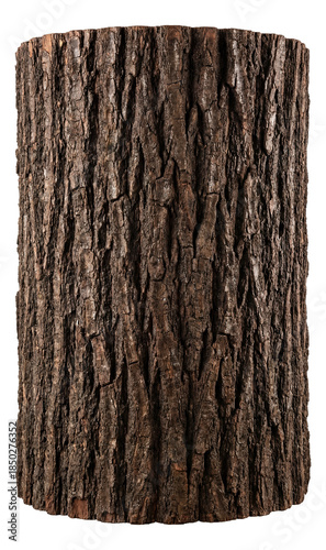 Mature oak tree trunk with deeply grooved, dark brown bark and a robust structure.