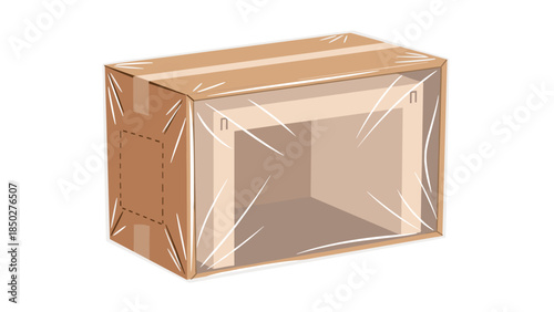 Securely wrapped cardboard box, partially covered in transparent stretch film, illustrating protection, packaging, and safe transit of goods for shipping and storage purposes.