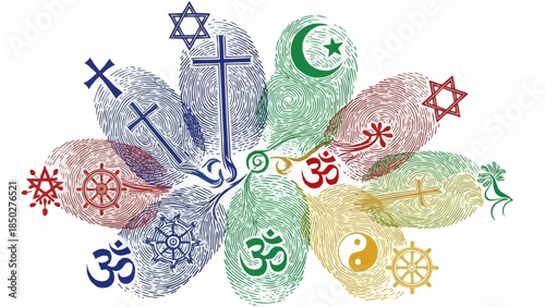 Diverse Religious Symbols United in a Floral Pattern Representing Unity and Faith