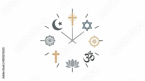 Diverse religious symbols arranged in a clock face, representing global spiritual beliefs and time