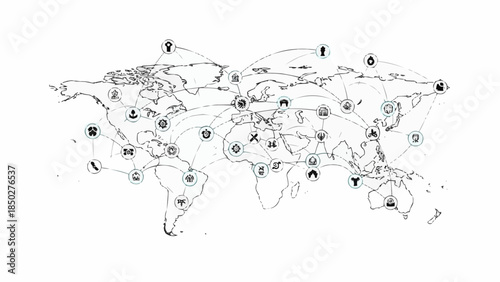 Global connections and digital network on a world map illustration with interconnected nodes