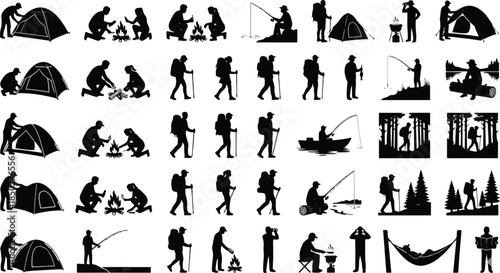 Collection of black silhouette icons depicting various outdoor camping hiking fishing and adventure activities for travel design elements