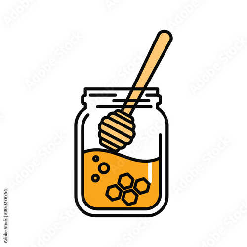 Honey in a jar with honeycomb and honey dipper