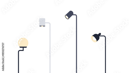 Collection of four minimalist and modern floor lamps and table lamps in varying designs and heights, showcasing contemporary lighting options for interior home decor and ambiance.