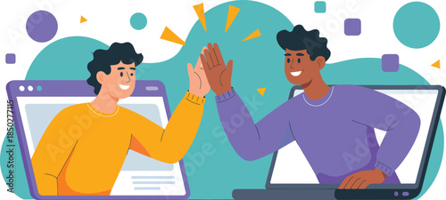 Online Team Collaboration Concept - Two Men High Five From Laptops