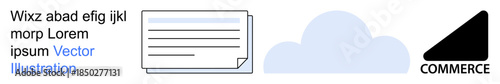 Data storage, e-commerce, communication, file sharing, digital business, cloud computing. Minimalist design includes a document icon, cloud graphic and commerce symbol. Data storage and e-commerce