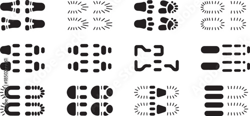 black footprints and tracks on white background