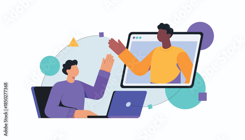 Online Video Conference Concept - People Greeting on Laptop Screens