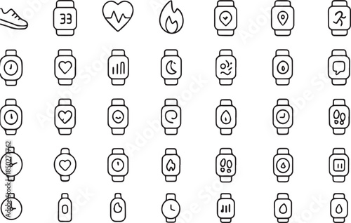 Collection of black and white outline icons representing various fitness tracking features available on modern smartwatches and wearable technology devices