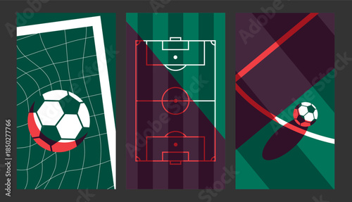 Modern Soccer Graphic Set. Dynamic Geometric Designs Featuring Footballs, Pitches, and Action Scenes in Bold Green and Red Tones for World Cup football, soccer game