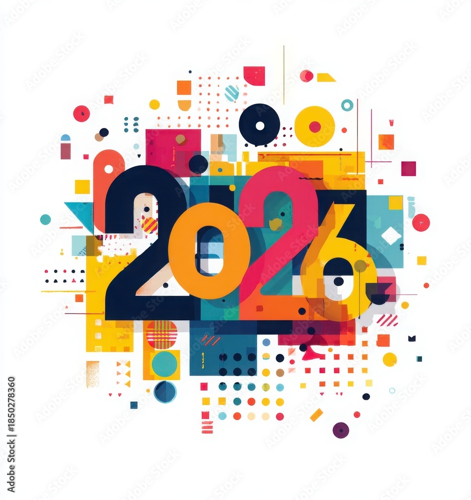 Fototapeta premium happy new year, 2026 numbers, party popper cone and glittering confetti, Christmas banner