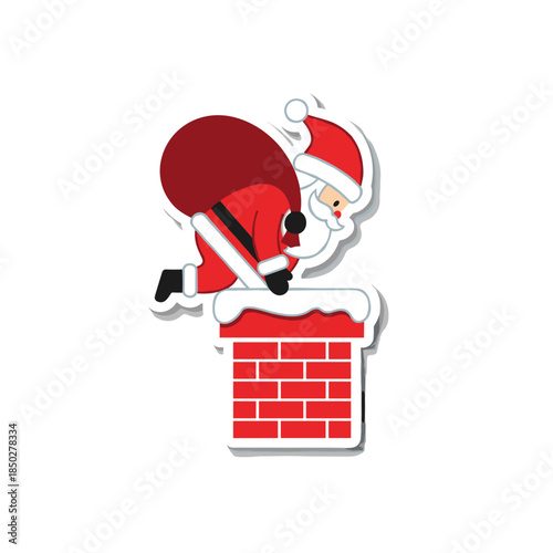 Santa Claus Descending Chimney with Gift Sack Sticker.
