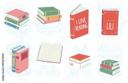 Cute Book Lover Vector Sticker Set with Reading Quotes, Stacked Books, Book Club and Literature Icons