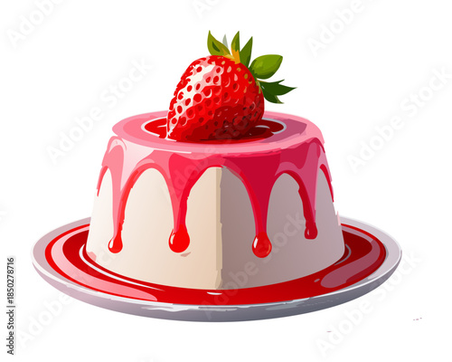 Sweet creamy panna cotta with strawberry slices and dripping fruit syrup served on a ceramic dish - Vector Illustration