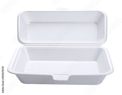 Open, rectangular, white foam container with a hinged lid. Ideal for takeout or food packaging