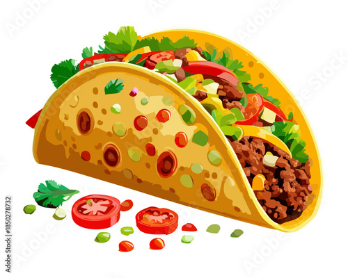 Loaded mexican beef taco with melting cheese fresh vegetables and salsa for fast food cafe advertisement menu - Vector Illustration