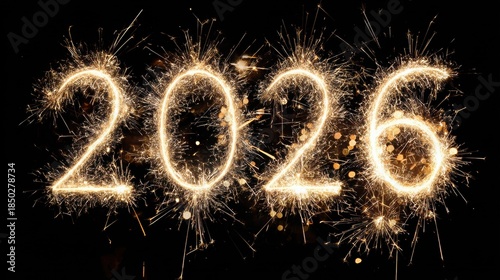 happy new year, 2026 numbers, party popper cone and glittering confetti, christmas banner