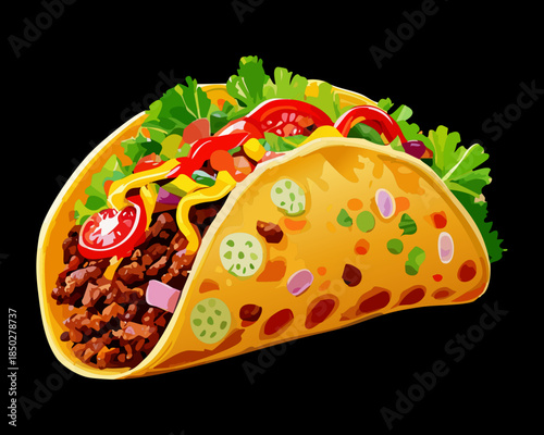 Traditional mexican taco with savory meat filling fresh herbs and tomatoes on dark background for restaurant menu - Vector Illustration