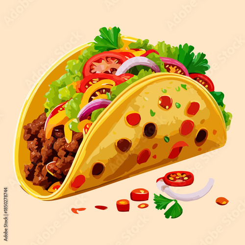 Spicy mexican beef taco with fresh lettuce tomato onion and cheese in crispy tortilla for street food - Vector Illustration
